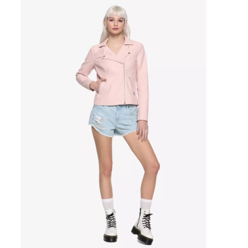 HOT TOPIC Sailor Moon In The Name Of The Moon Pink Faux Leather Moto Jacket Jr M - Picture 2 of 13